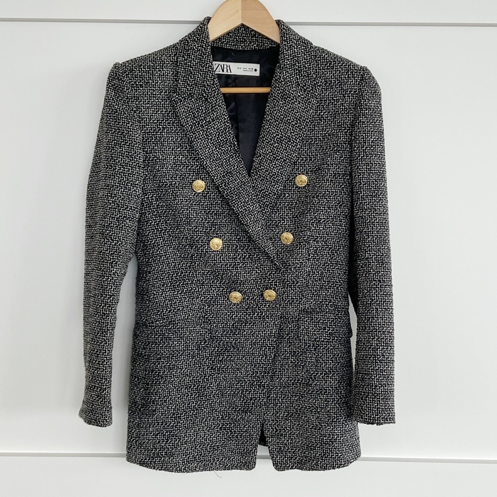 Zara Tailored Double Breasted Blazer Black White Gold